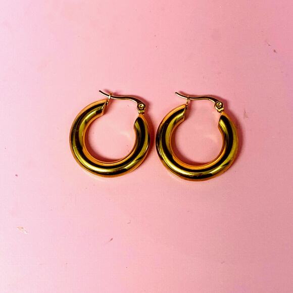 14k Gold Plated Stainless Steel Hoop Earrings, Tarnish-Free, Minimalist Style - Picture 2 of 4